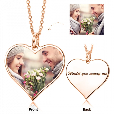 Customize Your Color Photo and Engraved Text in Love Heart Pendant Necklace Adjustable 16”-20”