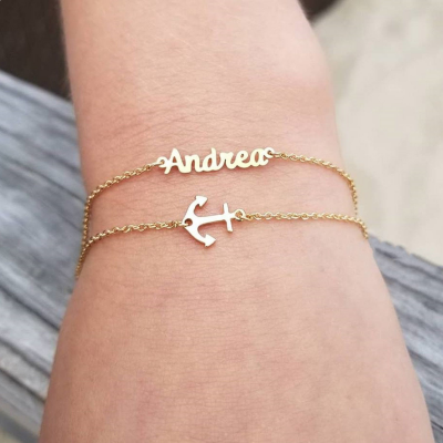 Layered Name Bracelet With Sideways Anchor Adjustable Chain 6