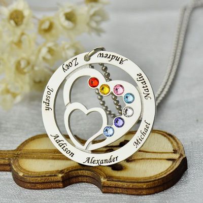 Personalized Heart in Heart Family Engraved Necklace With Birthstone Adjustable 16