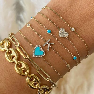 Turquoise Heart Diamond Bracelet Adjustable 6”-7.5”