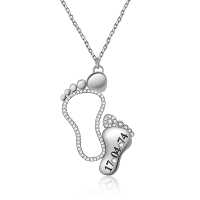 Victoria - Custom Date Diamond Mother Baby Feet Necklace with Birthstone Adjustable 16”-20”