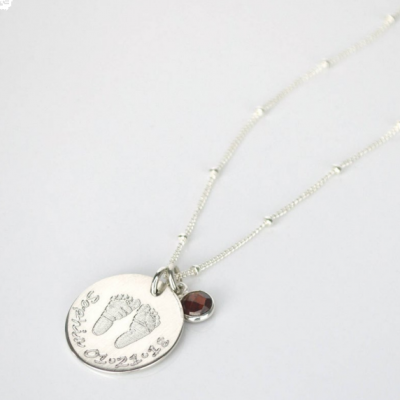 Baby Footprints Name Date Necklace with Birthstone Adjustable 16”-20”