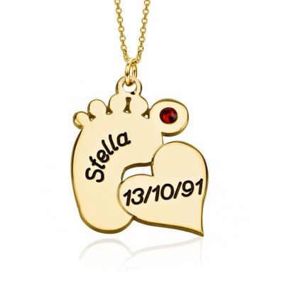 Stella - Personalized Baby Name Date Feet Necklace with Birthstone Adjustable 16”-20”