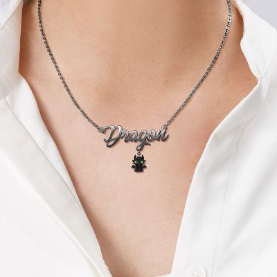 Dragon - Custom Name Necklace with Little Black Dragon Adjustable 16”-20”