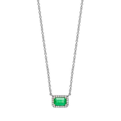Emerald Stone Surrounded by Diamonds Necklace Adjustable 16”-20”