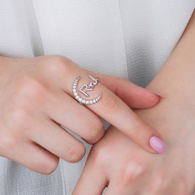 R❤J - Custom Diamond Moon Letter Ring with Birthstone Heart