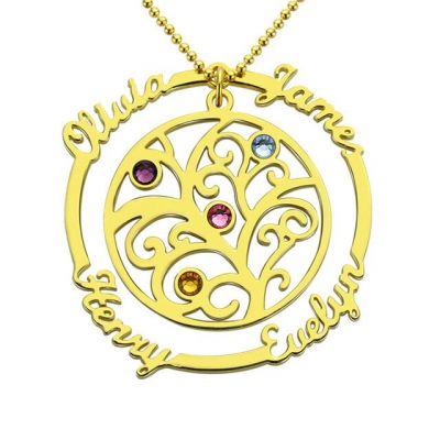 Custom Family Tree of Life Multi Name Necklace with Birthstones Adjustable 16”-20”