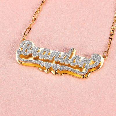 Personalized Double Layer Two Tone Name Necklace with Two Heart