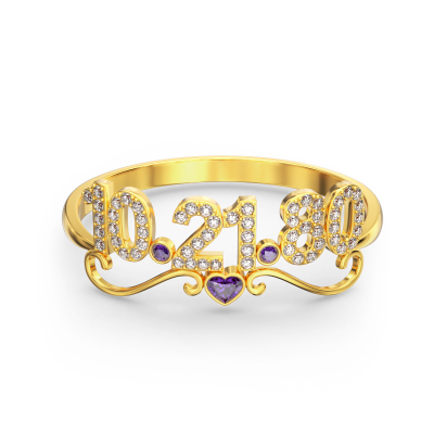Kardashian - Birthday Custom Diamond Date Ring with Heart Birthstone