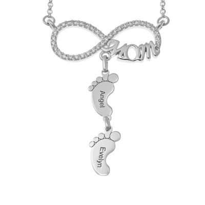 Diamond Inlaid Infinity Mom Necklace with Custom Name Baby Feet Pendant Adjustable 16”-20”