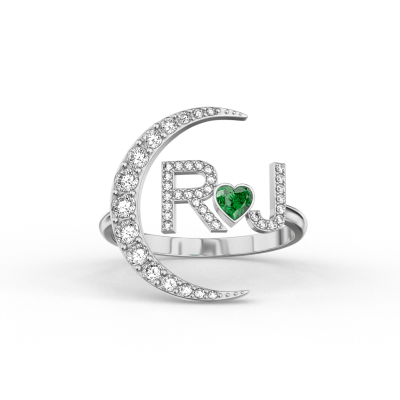 R?J - Custom Diamond Moon Letter Ring with Birthstone Heart