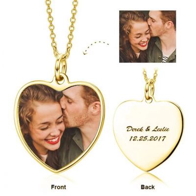 Personalized Color Photo and Engraved in Love Heart Pendant Necklace Adjustable 16”-20”