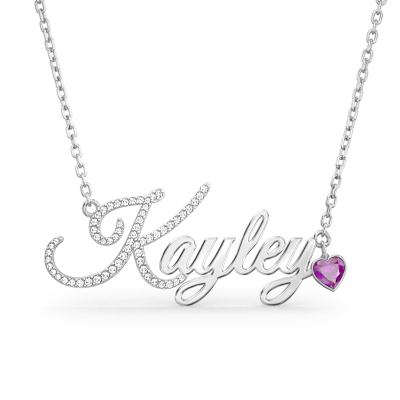 Custom First Letter Diamond Name Necklace with Heart Birthstone Adjustable 16”-20”