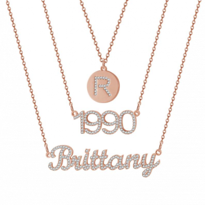 Triple Chain Custom Name Birthday Year Initials Diamonds Necklace Adjustable 16