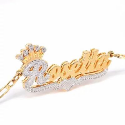 Custom Double Plated Two Tone Crown Love Heart Name Necklace