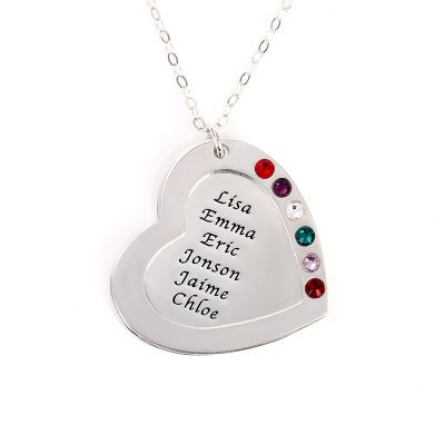 Personalized Heart Family Multi Name Necklace with Birthstone Adjustable 16”-20”