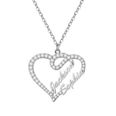 Custom Diamond Heart Double Names Necklace Adjustable 16”-20”