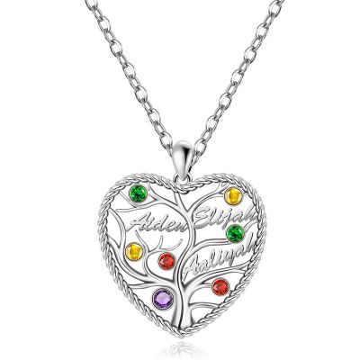 Custom Heart Tree of Life Three Names Necklace with Colorful Stone Adjustable 16”-20”