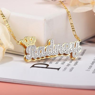 Custom Crown Double Plate Two Tone Name Necklace