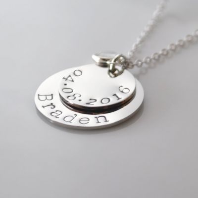 Custom Disc Name Date Necklace with Birthstone Adjustable 16”-20”