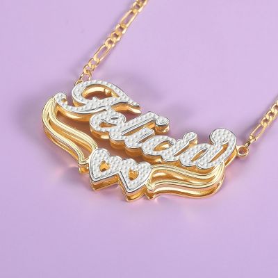 Two Tone Personalized Hollow Heart Double Plate 3D Name Necklace