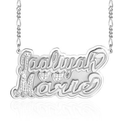Personalized Double Layer Two Tone Name Necklace with Two Hearts