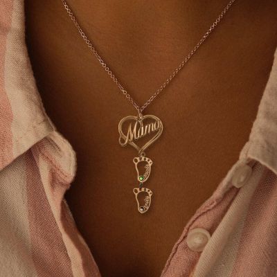 Personalized Mama Heart Pendant Birthstones Name Necklace With 1-10 Hollow Baby Feet Charms