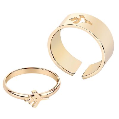 2Pcs Airplane Rings Couple Ring Set Promise Matching Friendship 18K Gold Plated Adjustable
