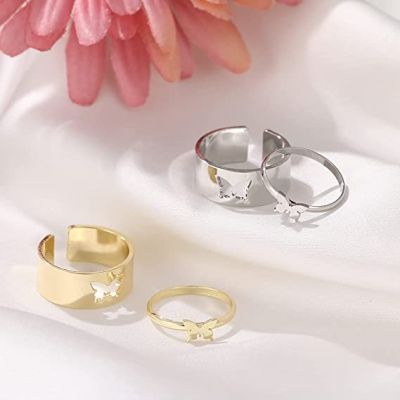 2Pcs Butterfly Rings Couple Ring Set Promise Matching Friendship 18K Gold Plated Adjustable