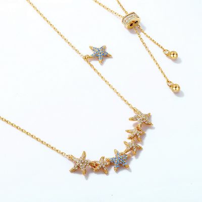 Ocean Gold&Blue Starfish Necklace 925 Sterling Silver Cubic Zirconia