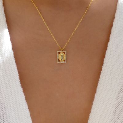 Crystal Mary Block Necklace Gold Plated Brass