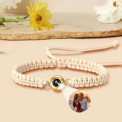 Personalized Braided Flax Brown Rope Photo Projection Bracelet - Unique and Thoughtful Gift