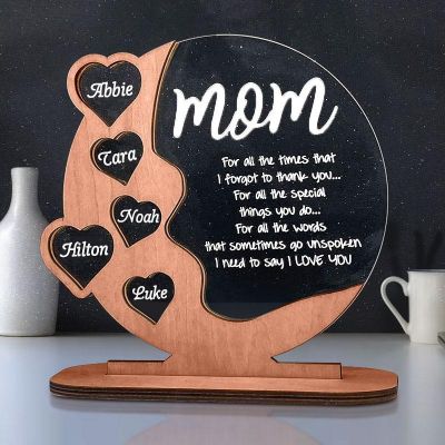 Personalized Heart Puzzle with Engraved Names: Mom Wooden Sign - Heartwarming Mother's Day Gift