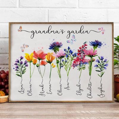 Personalized Grandma's Garden Birth Month Flower Print Frame: Gift for Grandma Mom with Kids' Name