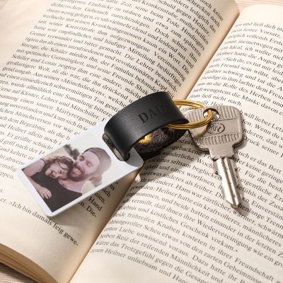 Personalized Black Leather Photo Keychain Key Ring Gifts For Dad Father's Day