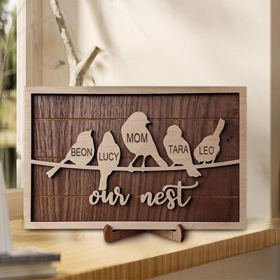 Personalized Bird Family Wood Sign - Engraved with Name, Custom Home Decor Gift for Mother's Day and Christmas