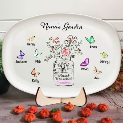 Personalized Flower And Butterfly Print Platter, Custom Family Name, Gift For Grandma