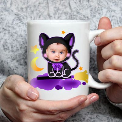 Personalized Black Cat Photo Mug, Cute Printed Coffee Mug