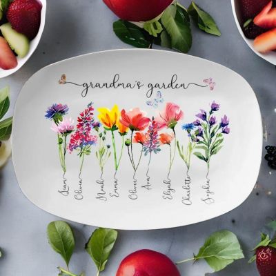 Personalized Birth Flower Platter with Grandkids' Names - Unique Gift for Grandma/Mom Grandma's Garden
