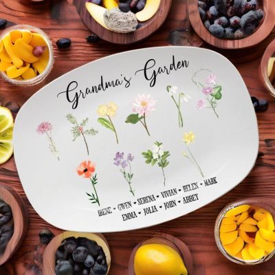 Personalized Birth Month Flower Platter with Grandchildren's Names - Gift for Grandma or Mom Grandma's Garden
