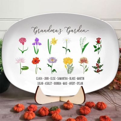 Personalized Family Birth Month Flowers Platter with Grandkids' Names - Great Gift for Mom, Grandma