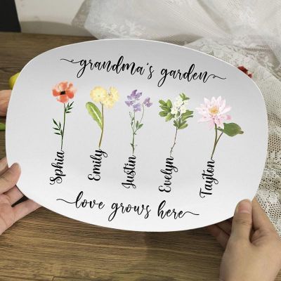 Personalized Birth Month Flowers Platter with Grandkids' Names - Gift for Grandma or New Mom Grandma's Garden
