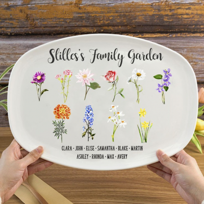 Personalized Family Garden Birth Month Flower Platter with Engraved Names - Love Gift for Grandma
