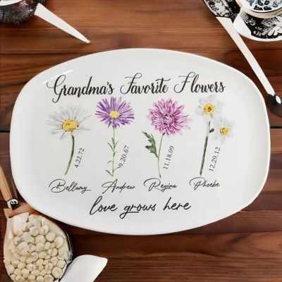 Personalized Birth Month Flower Platter with Kids' Names - Gift for Grandma or Mom Grandma's Favorite Flowers Plate