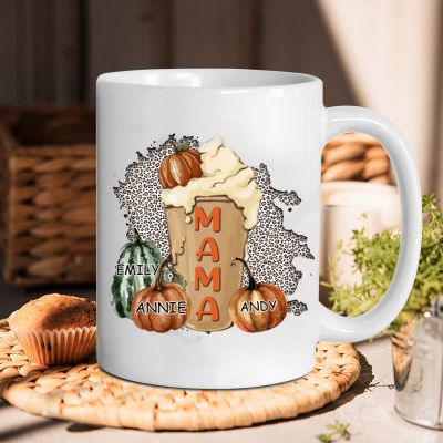 Pumpkin Latte Print Custom Names Mug- Personalized Halloween Gift For Family