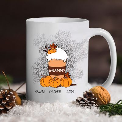 Pumpkin Latte Print Custom Names Mug- Personalized Autumn Halloween Gift For Mom/Grandma