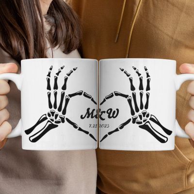 Personalized Heart Sign Skeleton Couple Mug, Custom Halloween Gift For Her / Him