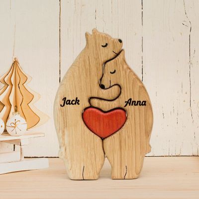Personalized Wooden Bear Family Puzzle Ornaments, Custom Family Names Gift