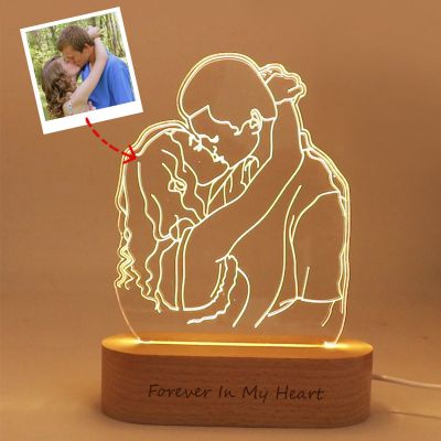 Upload Photo 3D Night Light Solid Wood Base With Engraving - Valentine's Day Gift For Boyfriend Or Girlfriend