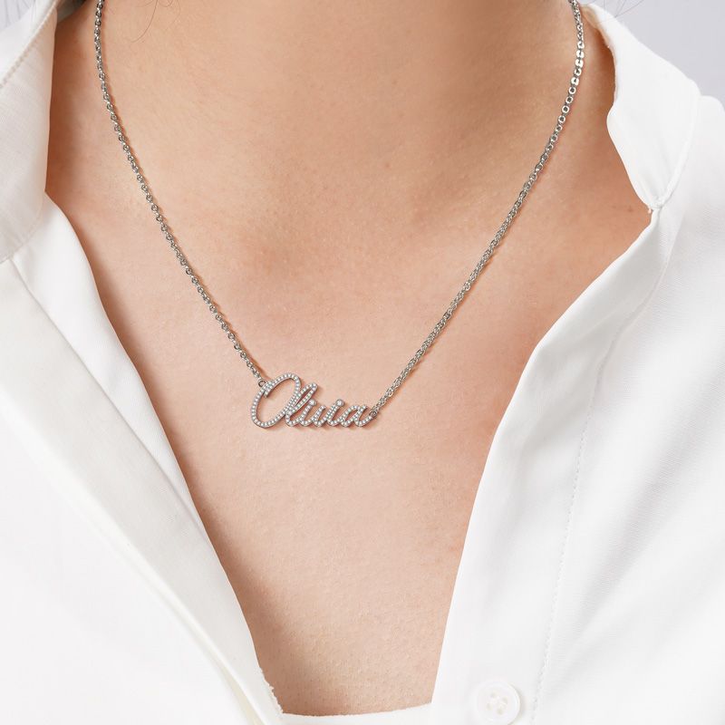 About 3/4 Inch Wide 16 Inches Sterling Silver Name Necklace Olivia Diamond Cut Platinum Coated Italy 2 inch Extension 